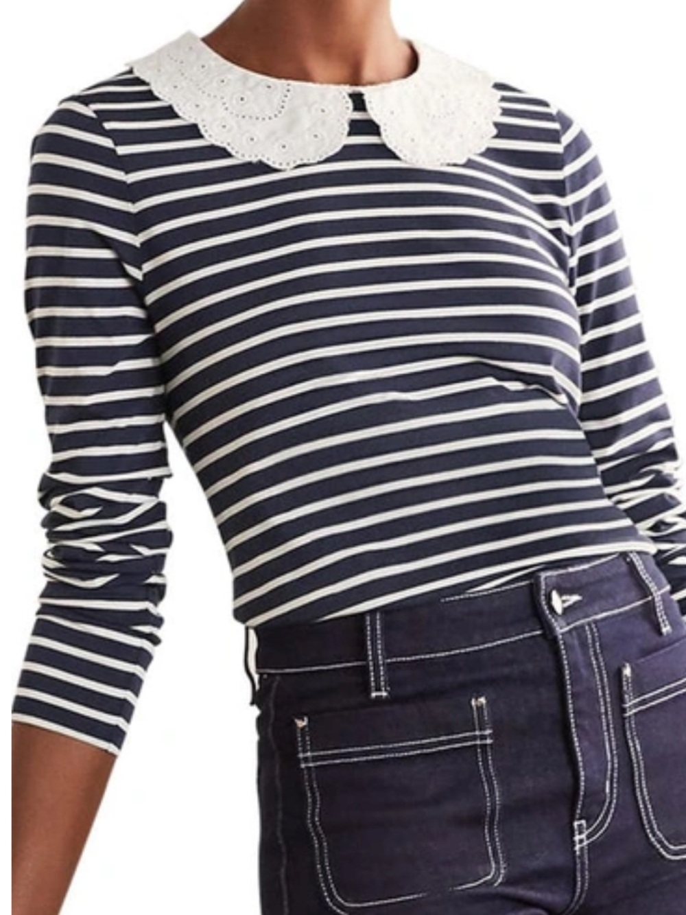Boden Kathleen Lace Collar Stripe Top In Navy/ Ivory